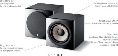 Focal SUB 1000 F sort baskabin, eksploderet frontvisning med tekniske detaljer, sort kubisk kabinet, rund højttaler