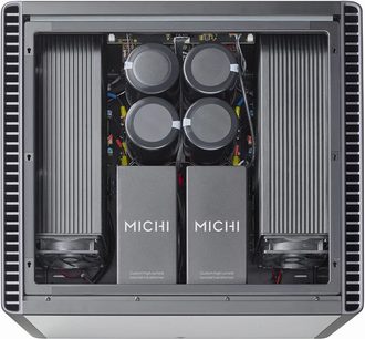 Amplificator de putere stereo Rotel Michi S5, vedere interioară arătând 4 transformatoare și circuite electronice