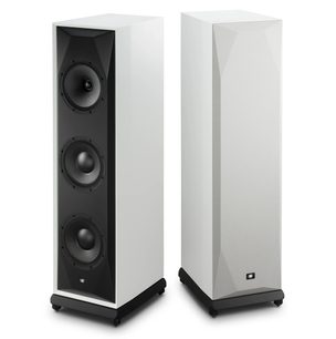Бели колонни тонколони Mofi Electronics SourcePoint 888, едната с решетка, а другата без, с преден панел с три говорителя