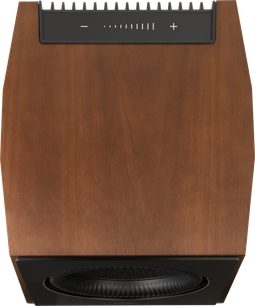 Subwoofer Paradigm XR 13 in noce, vista frontale, finitura in legno, pannello frontale nero con griglia, comandi sulla parte superiore