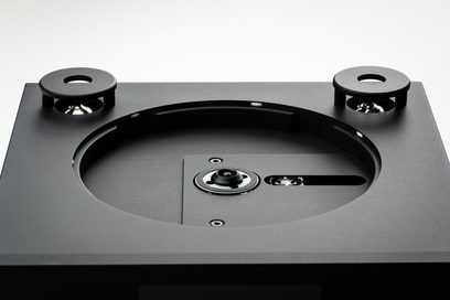 Pro-Ject CD Box RS2 Tube CD-afspiller sort, set ovenfra med indfældet cirkulær plade og to sidestøtter