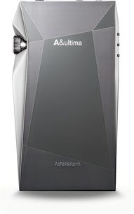 Astell&Kern SP4000 sølv high-end musikafspiller, bagside, metalkabinet med sølvfinish og teksturerede geometriske facetter, rillet sidehjul til venstre og tre justerede knapper til højre