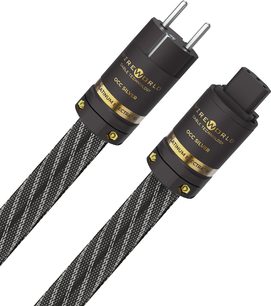 Strømkabel Wireworld Platinum Electra 10 power 1,5m, sorte cylindriske stik, sort og grå flettet kappe