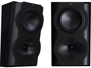 Diffusore posteriore d'effetto o bipolare Perlisten R4s, finitura nera, vista frontale e angolata, altoparlante circolare ampio, tweeter.