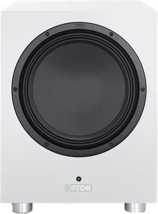 Canton Power Sub 10 S2 subwoofer in matwit, vooraanzicht met centrale zwarte luidspreker en groene LED aan de voorkant
