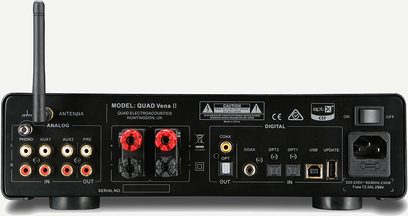 Antratsiithallikas Quad Vena II stereo hi-fi võimendi, eestvaade, analoog- ja digitaalsete heliühenduste, antenni ja ekraaniga