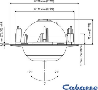 Stropní vestavěný reproduktor Cabasse Eole 3 in ceiling, boční řez s rozměry a úhly rozptylu zvuku