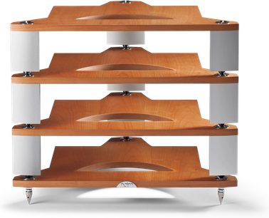 Naim Audio FraimLite hi-fi møbel med lys træbase, 4 buede hylder, koniske forkromede ben, set forfra