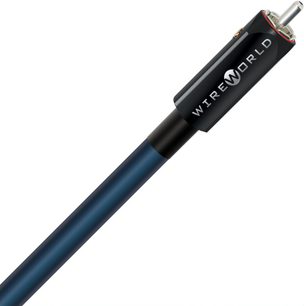 Kabel til subwoofer Wireworld Oasis 10 Mono 4m, mørkeblå cylindrisk kappe, sort og sølvfarvet metal RCA-stik