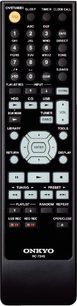 Sort Onkyo RC-734S fjernbetjening med grå knapper til cd-afspiller, tuner, lydstyrke og andre lydindstillinger