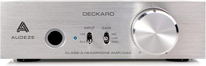 Audeze Deckard hovedtelefonforstærker set forfra, børstet aluminiumsfront, lydstyrkeknap, indgangsvælger, hovedtelefon- og USB-stik