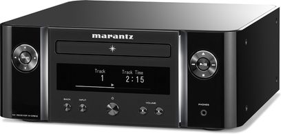 Sistema hi-fi Marantz MCR-612 nero, vista frontale, display LCD, pulsanti e manopole di controllo, porte frontali