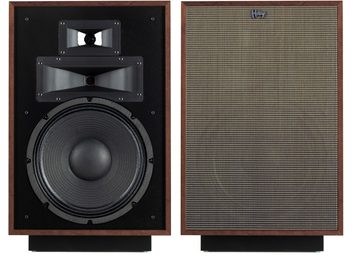 Casse Klipsch Heresy IV in legno color mogano, vista frontale, una senza griglia con woofer e padiglioni, l'altra con griglia in tessuto