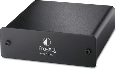 Pro-Ject DAC Box FL sort lydkonverter, rektangulært mat sort kabinet, front med Pro-Ject-logo og LED, set forfra