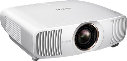 Epson EB-QB1000 witte projector, zijaanzicht, glad oppervlak, centrale lens, zijroosters, zwarte voetjes