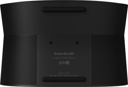 Sonos Era 300 wireless connected speaker, matte black, rear view, speaker grilles, product information label