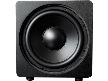 Velodyne Deep Blue 12 sort basrør, frontvisning, sort cirkulær centralmonteret højttaler i sort firkantet kabinet