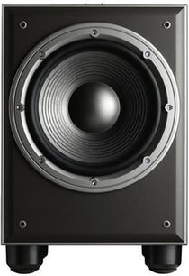 JBL E150P sort baskabin, set forfra, cirkulær central højttaler i et firkantet sort kabinet med afrundede hjørner og plastikfødder
