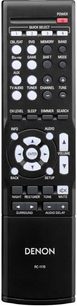 Sort Denon RC-1170 fjernbetjening, set forfra, knapper og kontrolknapper, LCD-skærm, hvide påskrifter