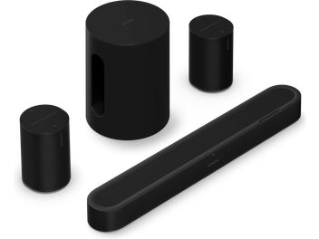 Black Sonos Beam Ultra bundle with soundbar, two Era 100 speakers and Sub Mini subwoofer