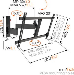 Vægmonteret TV-beslag i sort, set forfra og fra siden med mål i mm/tommer, rotation og hældning op til 180° og 20° max