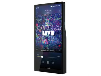 Audiophile φορητό player Hiby R6 Pro II 2025 μαύρο, κεκλιμένη μπροστινή όψη, έγχρωμη οθόνη που εμφανίζει Coldplay