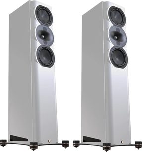Colunas de chão Perlisten S5t branco lacado, vista frontal, 3 altifalantes circulares pretos, bases metálicas com pontas
