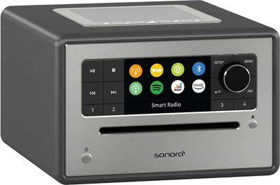 Sonoro Smart Radio graphitgrau und silber, Frontansicht, Farbdisplay mit Symbolen, Tasten und Drehregler