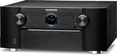 Marantz SR-8012 sort hjemmebiografsforstærker, set forfra, sort front, 2 sølvfarvede drejeknapper, centralt blåt display