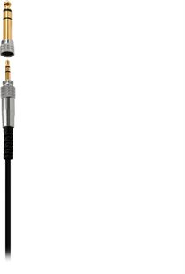 Sort plastikledning til Audio Technica ATH-A1000Z-hovedtelefoner, set forfra, udstyret med en forgyldt minijack-stik og en sølvfarvet 6,35 mm jack-adapter