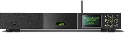 Naim ND5 XS netværksaudioafspiller set forfra, sort kabinet, grøn LCD-skærm, kontrolhjul, tilslutninger på bagsiden