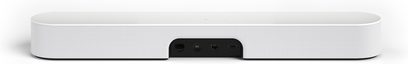 Hvid Sonos Beam lydbjælke, set forfra, med en aflang rektangulær form og hvid gitterbeklædning over hele forsiden