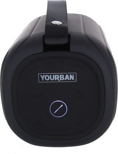 Altavoz bluetooth Yourban Getone 35 negro, vista frontal, botón central circular, correa textil negra con remache metálico