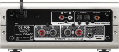 Denon PMA-30 integreret stereo hi-fi forstærker, sølvfarvet bagpanel, analoge og digitale lydstik, højttalerudgange
