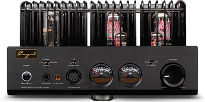 Cayin HA-3A high-fidelity headphone preamplifier in black brushed aluminum, front view, featuring a backlit switch, two VU meters, impedance and source selectors, multiple headphone jacks, a large volume knob, and four visible tubes protected by a grille