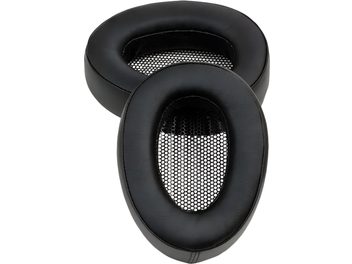 Paire de coussinets ovales Meze Audio Pads hybrides noirs en cuir synthétique avec grille interne à motif hexagonal, vue en légère perspective