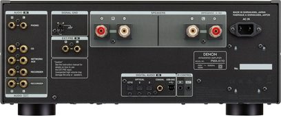 Denon PMA-A110 stereo hi-fi forstærker, bagside, top view, audio-tilslutninger og højttalere, sort finish