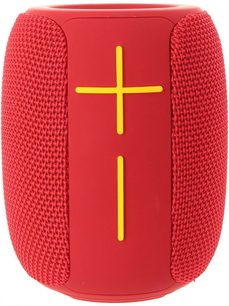Bluetooth-højttaler Yourban Getone 25 rød, set forfra, cylindrisk form, mesh-stof, gule knapper i krydsform
