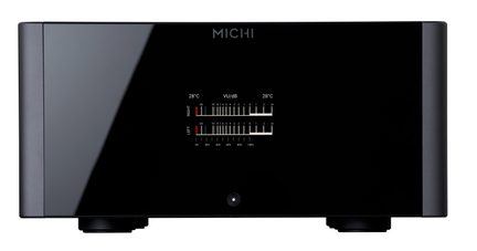 Amplificator audio dreptunghiular negru din metal, cu panou frontal lucios ce prezintă un afișaj central cu două bare grafice roșii și albe, deasupra cărora se află indicații de temperatură, și un buton circular mic dedesubt, vedere din față