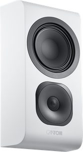 Canton Vento 11 wall-mounted speaker in matte white, front angled view, white cabinet with rounded edges and black speakers
