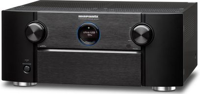 Ampli home-cinéma Marantz SR7007 noir, façade avant, vue de face, 2 boutons rotatifs, écran LCD bleu, port USB