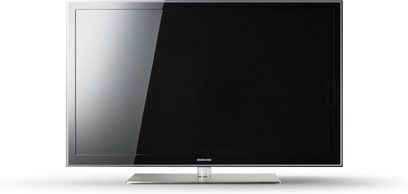 Samsung PS58B850 flatscreen-tv, vooraanzicht, dunne zilveren rand, zwart uitgeschakeld scherm, op metalen voet