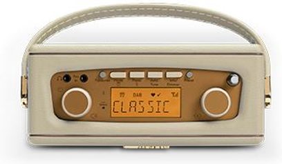 Radio til bordet Roberts Revival Uno BT i cremefarvet kunstlæder, set forfra, med tilpasset buet håndtag, front med brun panel med orange baggrundsbelyst LCD-skærm, to store runde knapper og yderligere betjeningsmuligheder