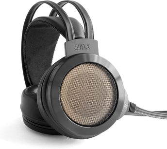 Åbent hi-fi hovedsæt STAX Omega SR-007 Reference MK 2 sort, set fra venstre profil, ovale ørepuder, polstret hovedbøjle