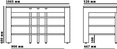 Teknisk diagram med dimensioner af et rektangulært audio-/videomøbel med 4 åbne rum, set forfra og fra siden