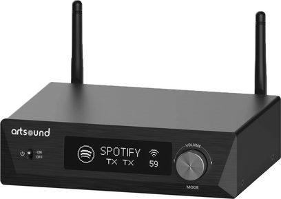 Smart Evo stereo hi-fi forstærker. Set forfra. Sort rektangulært kabinet. 2 lodrette antenner bagpå. Centralt digitalt display. Sølvfarvet volumenkontrol til højre. Tænd/sluk-knap til venstre.
