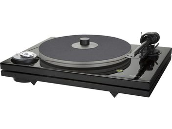 Gramofon Music Hall MMF 7.3 czarny, widok z góry, ramię tonowe, talerz obrotowy, przyciski sterujące, błyszczące czarne wykończenie