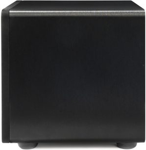 Paradigm Essentials Sub 10 subwoofer sett fra venstre side, svart rektangulært kabinett med avrundede hjørner og synlige føtter