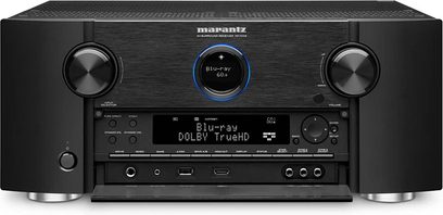 Marantz SR7008 sort hjemmebiografsforstærker, frontpanel, frontvisning, blå skærm, sølvfarvede knapper og drejeknapper