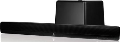 Černý soundbar Boston Acoustics TVEE 26, pohled zepředu, obdélníkový, podlouhlý, s černou mřížkou na přední straně